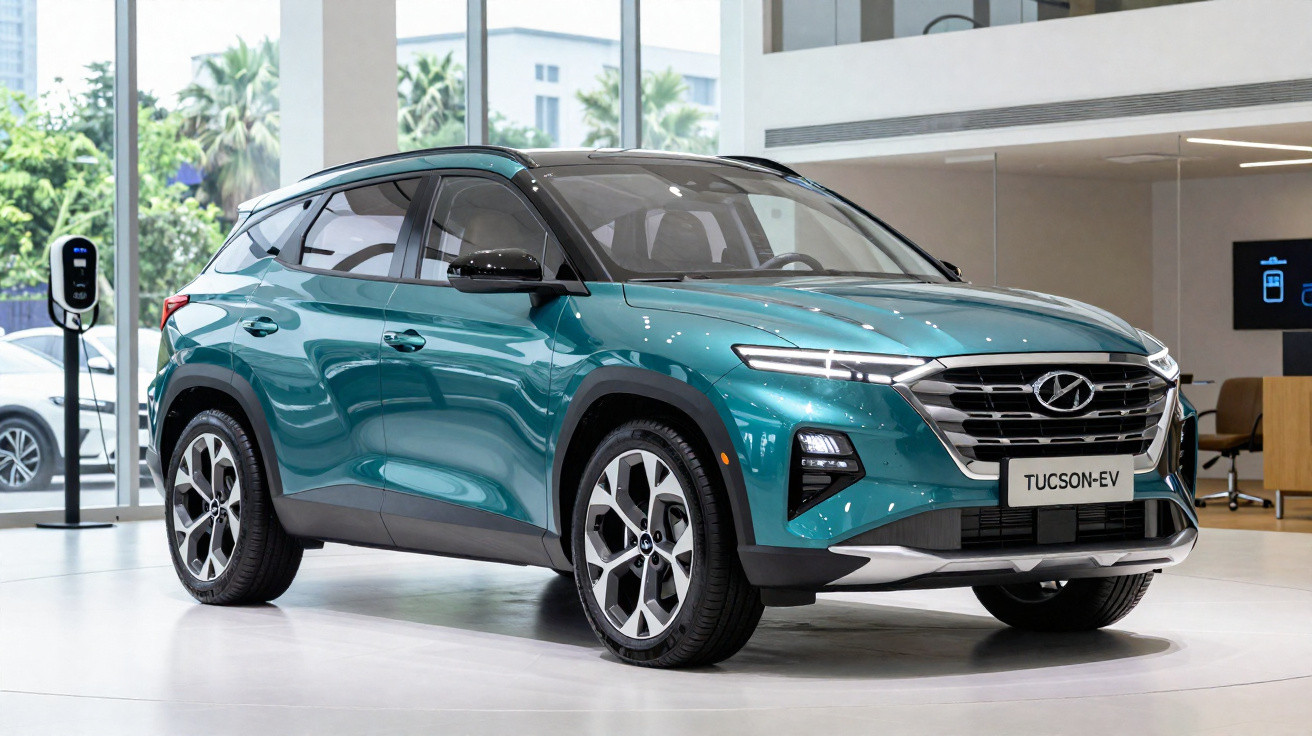 SUV elétrico Hyundai Tucson EV azul exibido em showroom moderno com estação de recarga ao fundo.