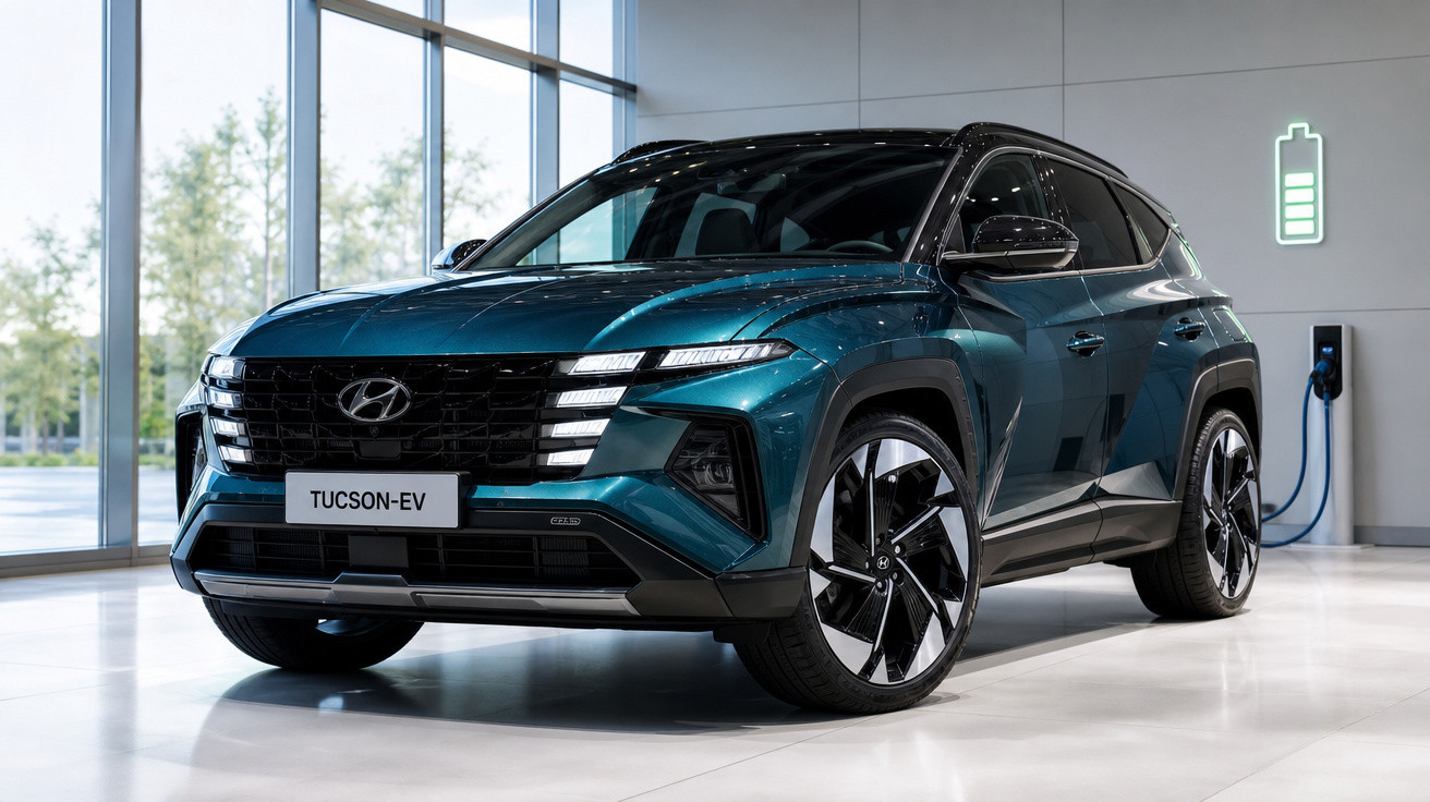 Carro elétrico Hyundai Tucson EV azul exposto em showroom com carregador na parede ao fundo.