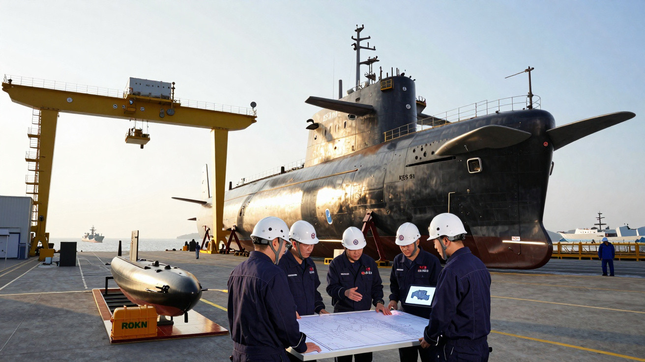 Marinheiros em capacetes revisam mapas ao lado de submarino preto em doca com guindaste amarelo.