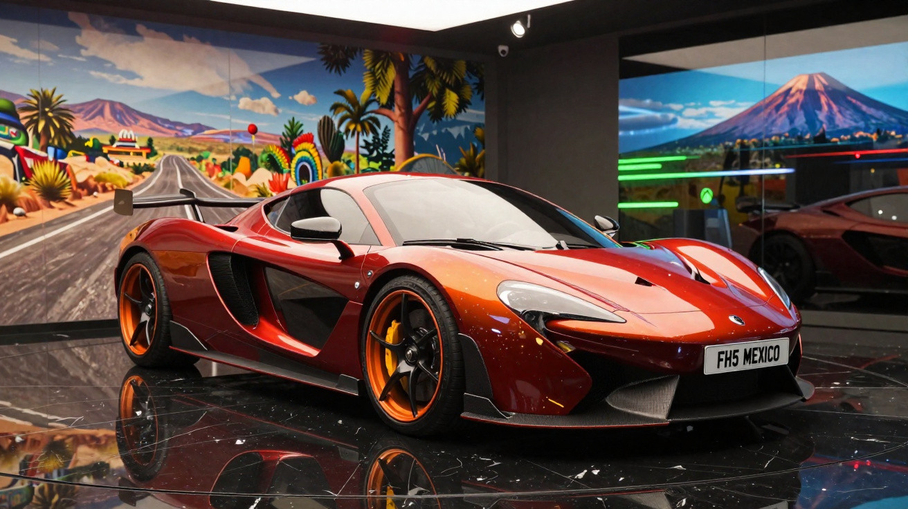 Carro esportivo vermelho brilhante em exposição com pintura de mural colorido ao fundo.