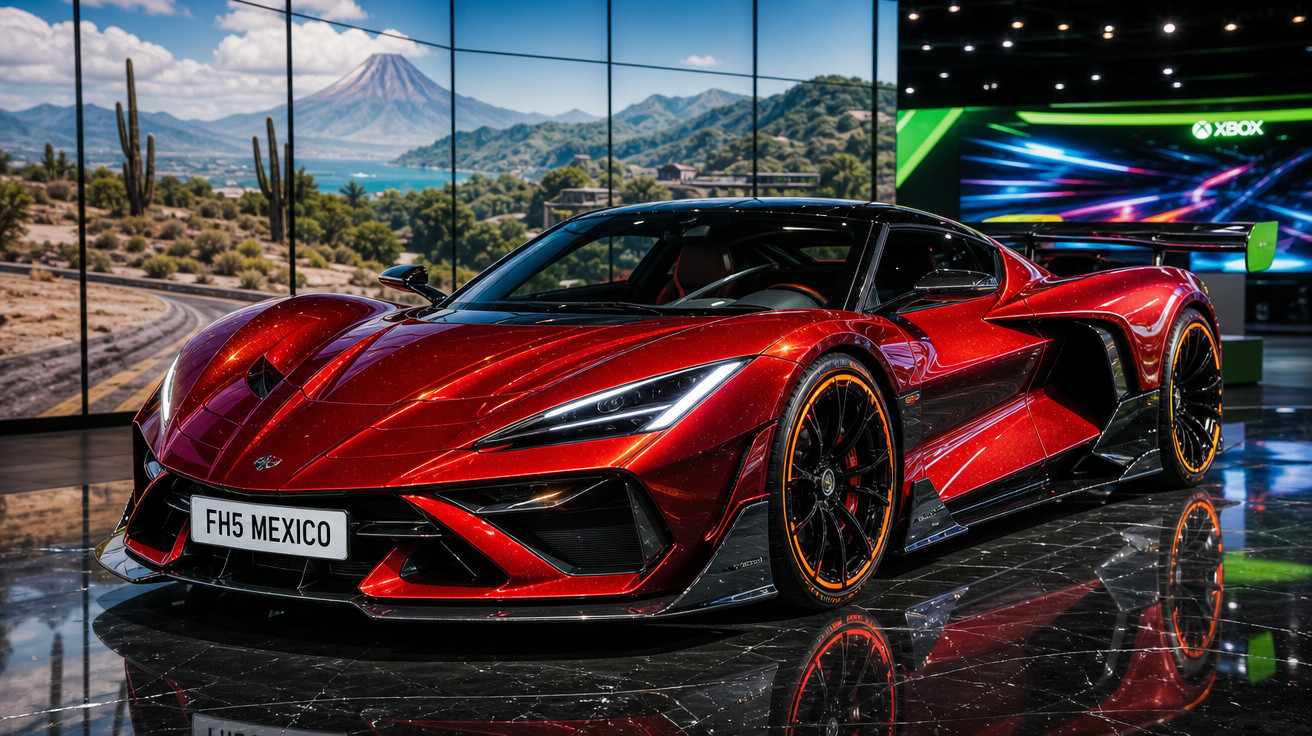 Carro esportivo vermelho metálico com rodas pretas em exposição, fundo com paisagem e tela colorida Xbox.