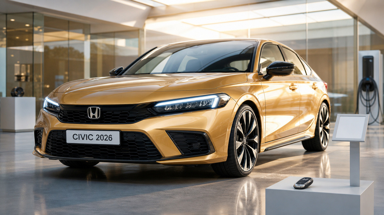 Carro Honda Civic 2026 dourado em exposição moderna com controle remoto à frente.
