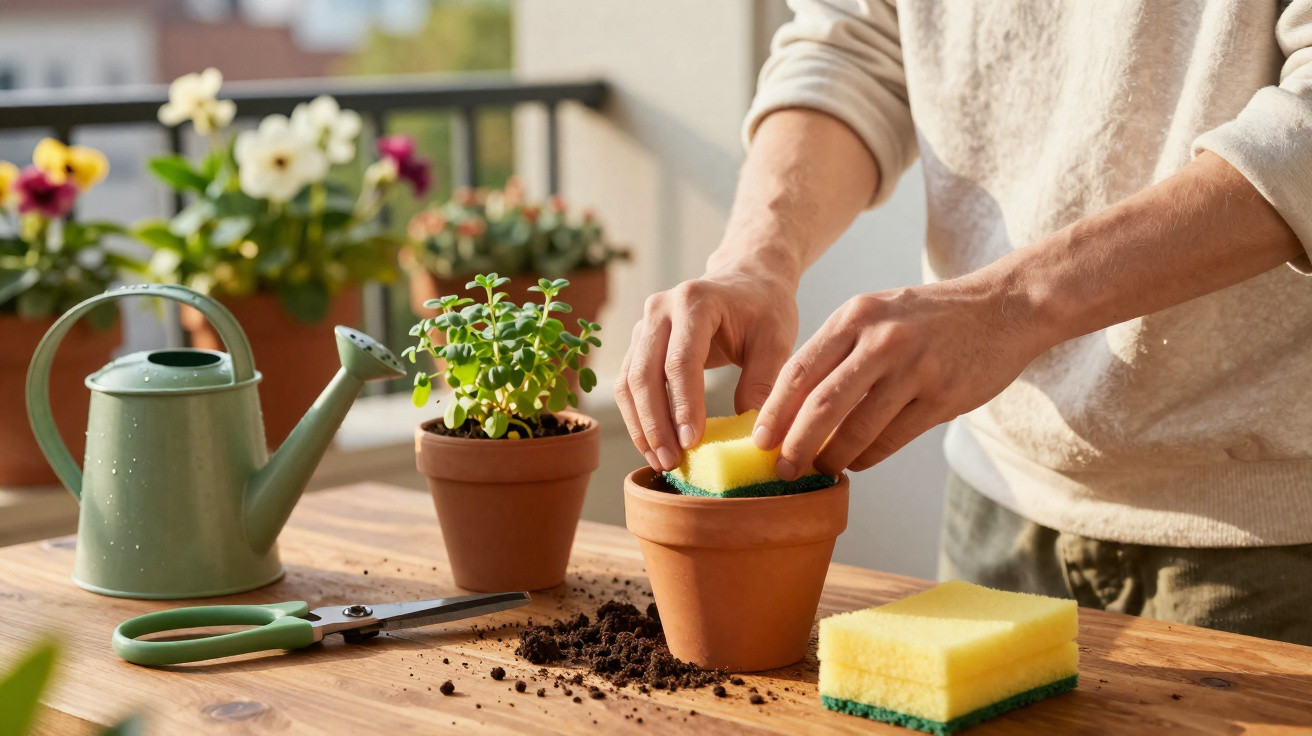 Pessoa preparando vaso de planta com esponja, regador, tesoura e terra sobre mesa de madeira.