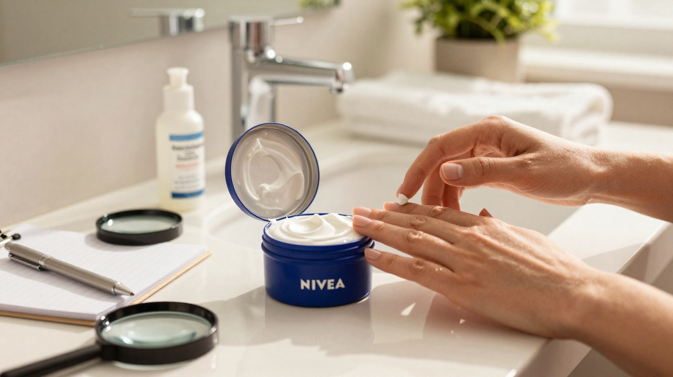 Pote aberto de creme NIVEA com mãos aplicando creme em pia de banheiro com toalhas e planta ao fundo.
