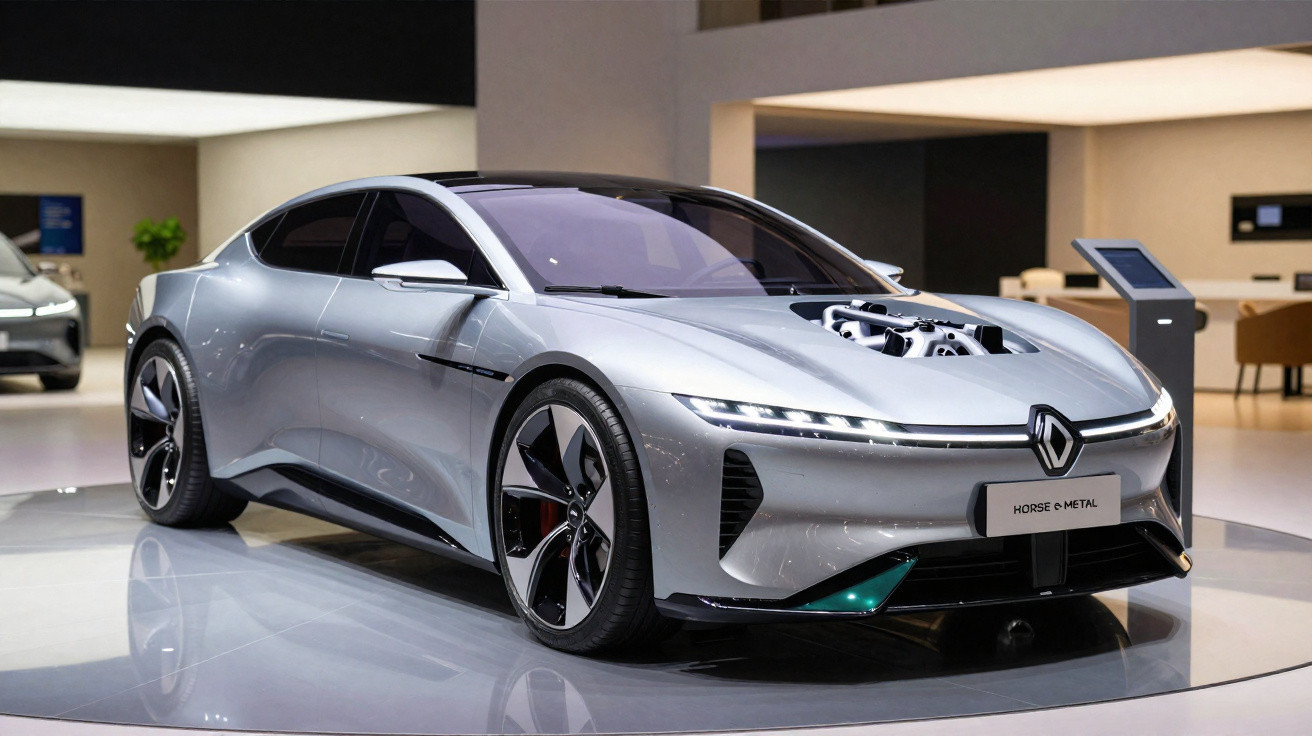 Carro elétrico esportivo prateado exposto em salão, com design moderno e motor visível no capô.