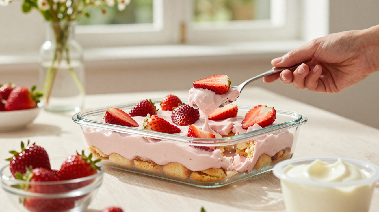 Mão pegando colher com creme rosa e morango em travessa de vidro sobre mesa clara com morangos ao redor.