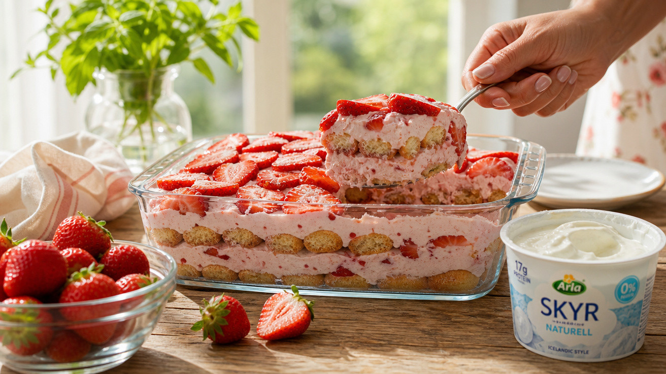 Sobremesa de morango em camadas com creme rosa em travessa de vidro, morangos frescos e pote de Skyr ao lado.
