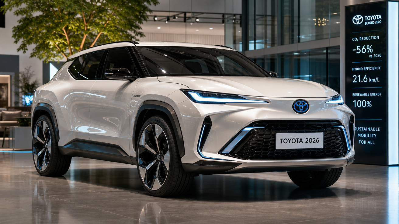 Carro Toyota híbrido branco modelo 2026 exibido em showroom moderno com placa frontal e luzes de LED acesas.