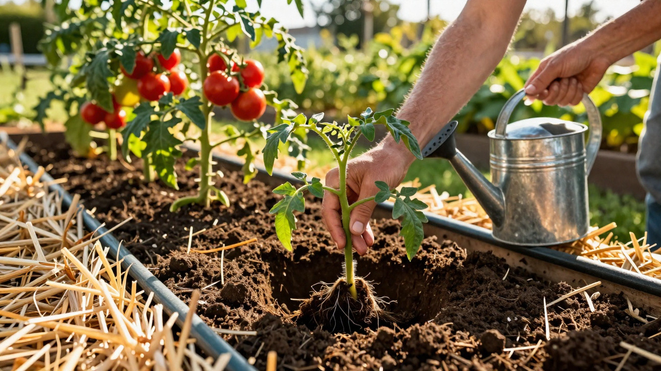 Mão plantando muda de tomate em canteiro com terra úmida e regador metálico ao lado.