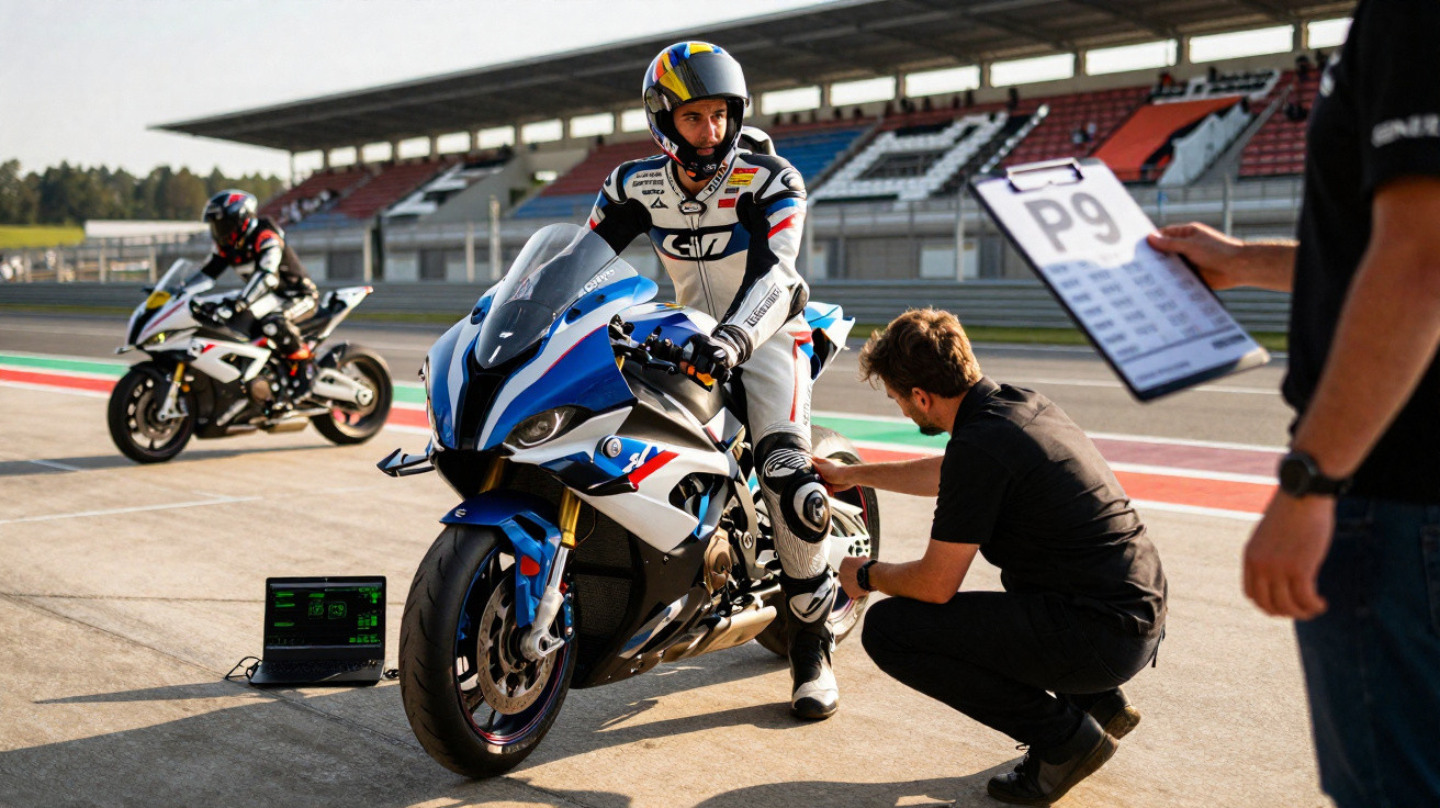 Motociclista em traje de corrida recebe ajustes em moto esportiva azul em pista de corrida.