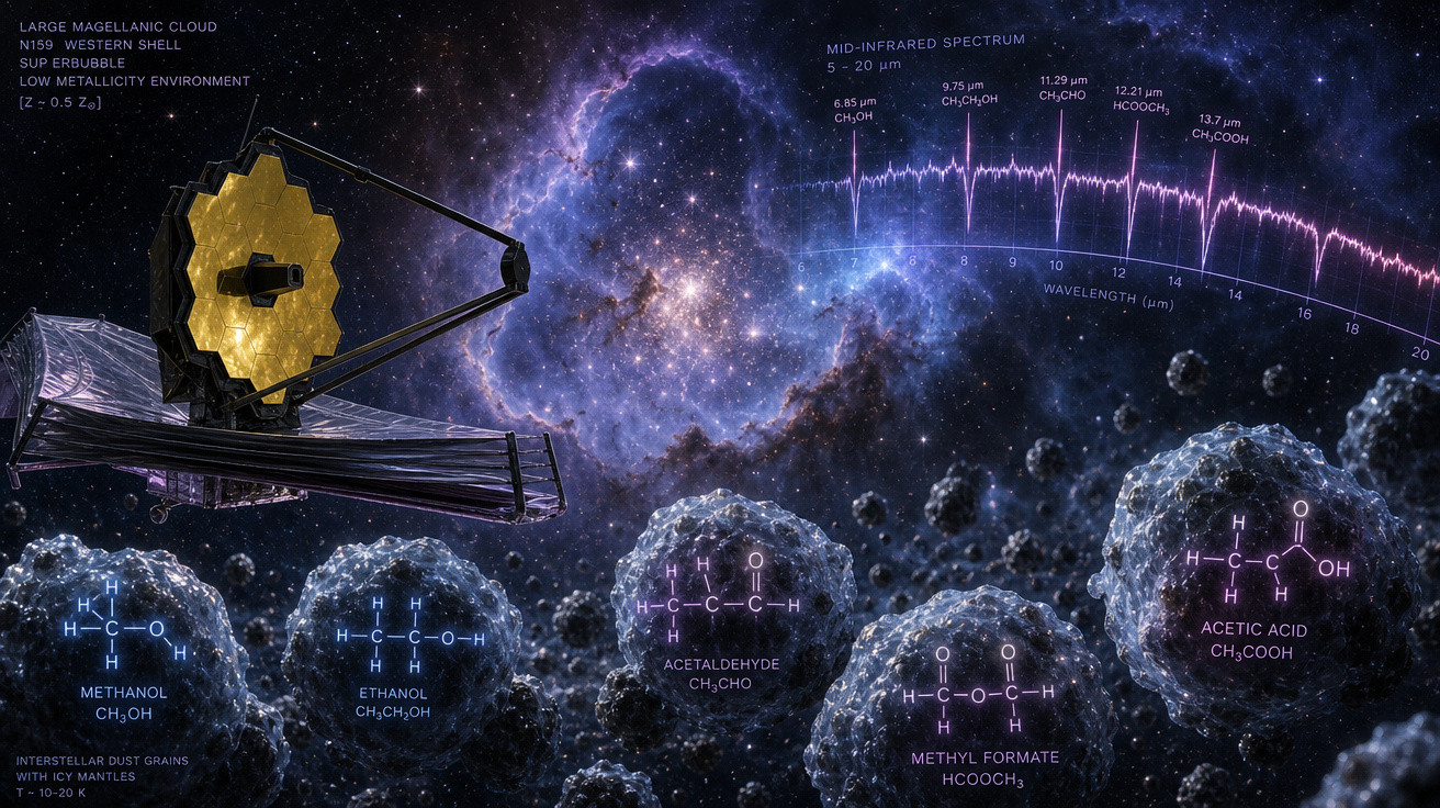 Telescópio espacial na nuvem de Magalhães com moléculas químicas e espectro infravermelho médio.