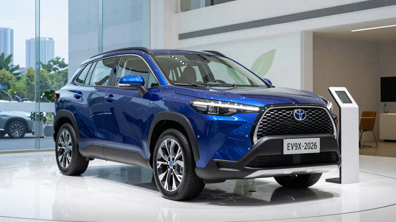 Carro SUV azul da Toyota modelo EV9X-2026 exibido em showroom moderno com teto solar.