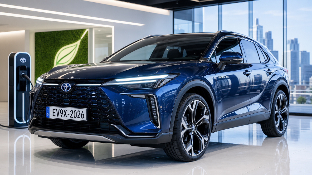Carro SUV azul Toyota híbrido estacionado em showroom moderno com carregador elétrico ao fundo.