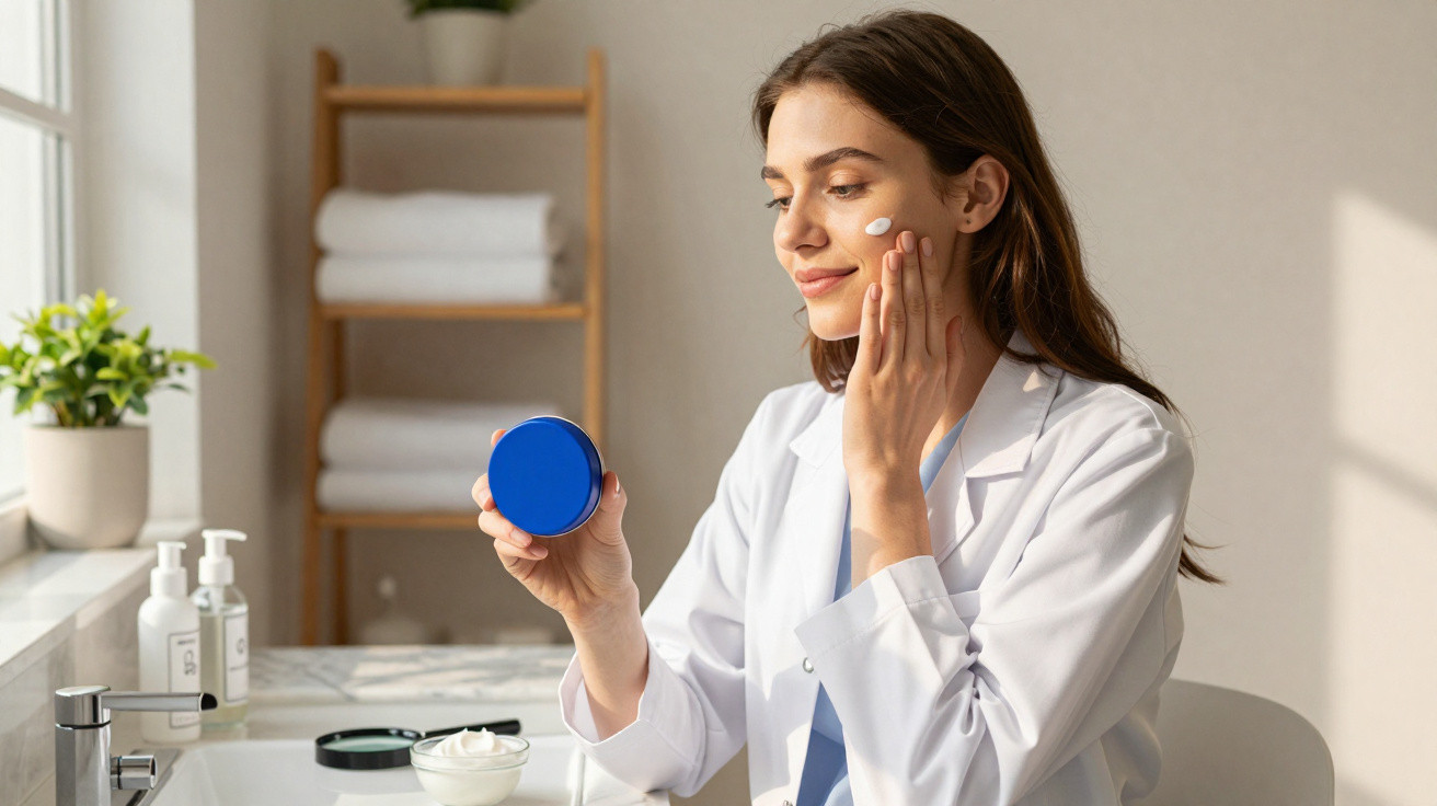 Mulher aplicando creme no rosto enquanto segura pote azul em banheiro iluminado.