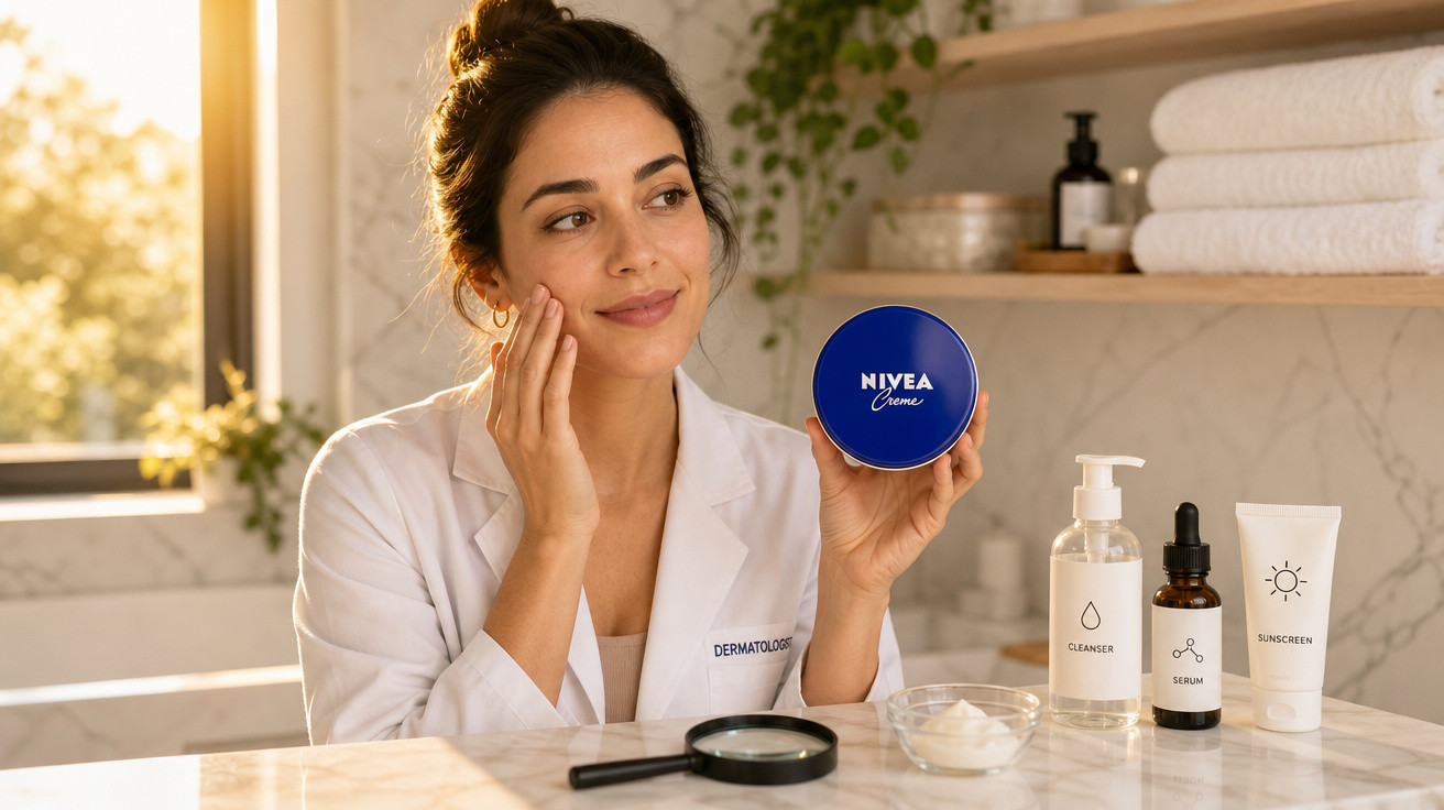 Mulher em jaleco branco aplica creme no rosto segurando um pote de Nivea em banheiro iluminado.