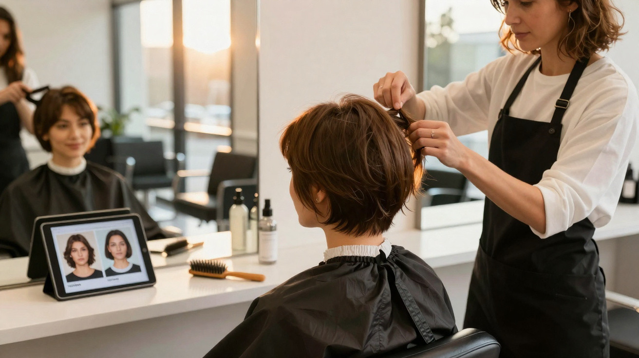 Cliente com capa preta escolhe corte de cabelo em tablet enquanto cabeleireira prepara o cabelo dela.