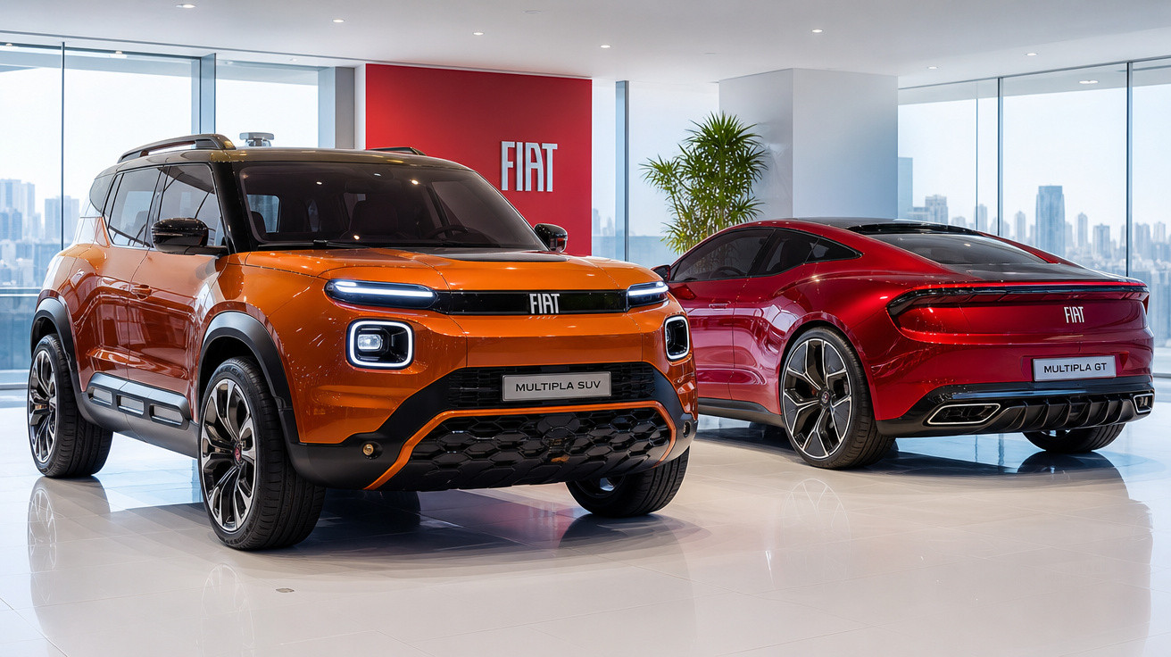 Dois carros Fiat na cor laranja e vermelho em showroom moderno com vista para a cidade.