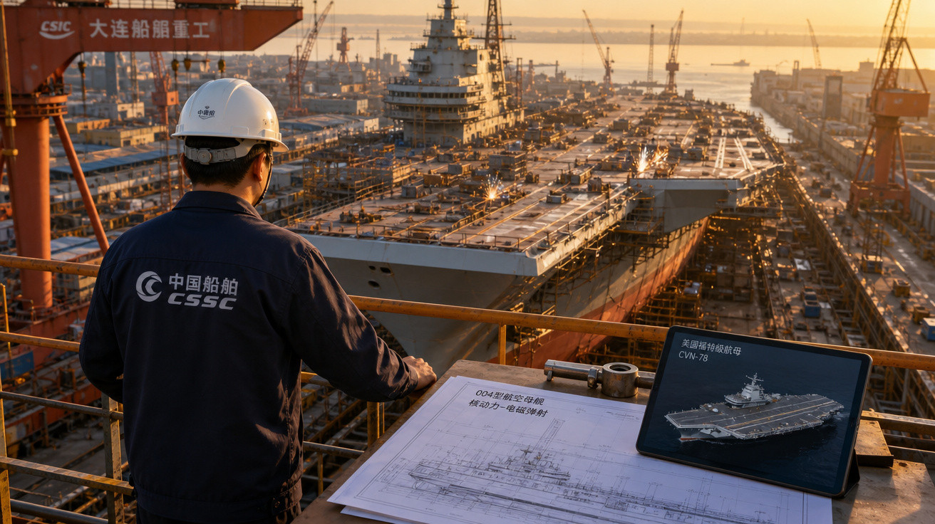 Trabalhador com capacete observa hangar de navios com projeto e tablet mostrando porta-aviões.