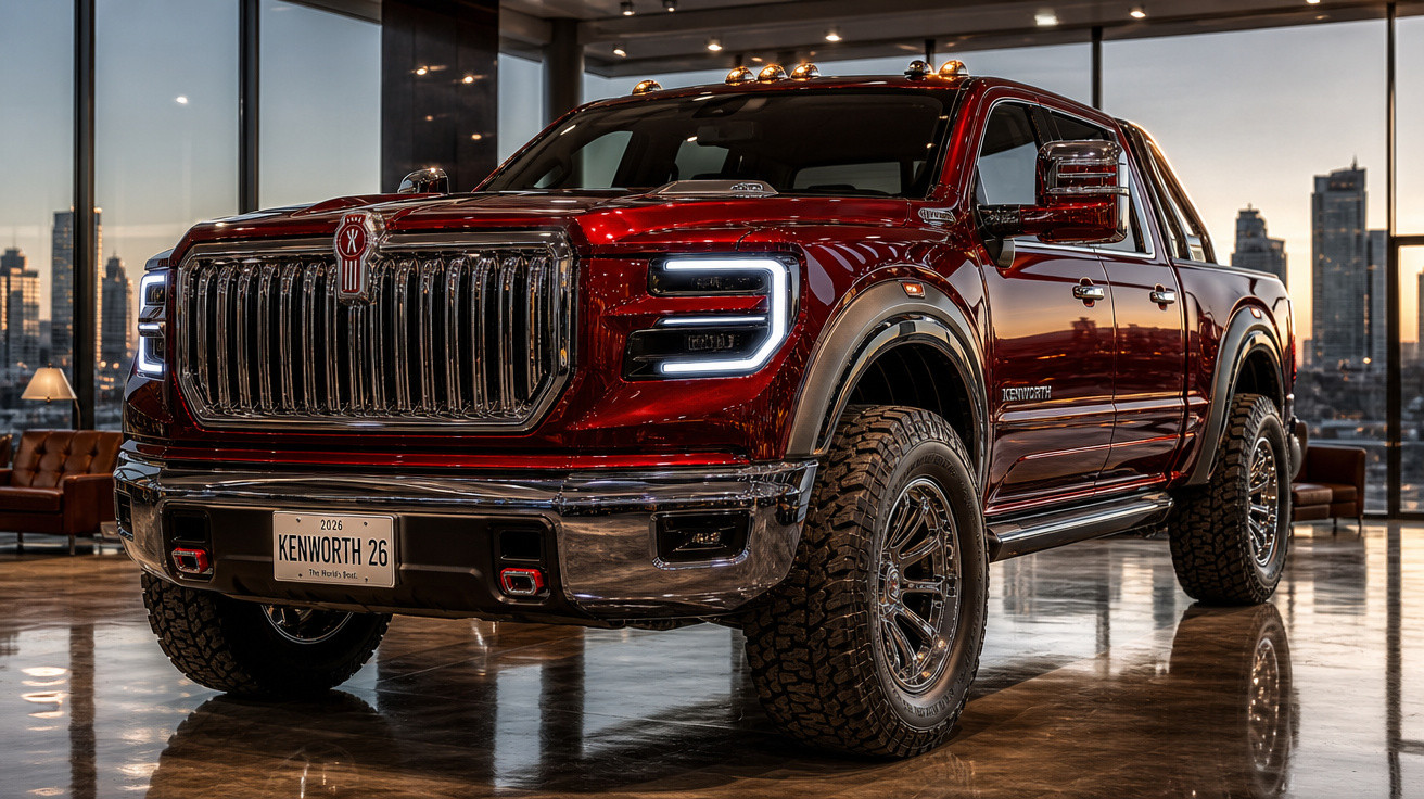 Picape vermelha Kenworth 26 2026 com faróis LED acesos em showroom com vista para a cidade ao entardecer.