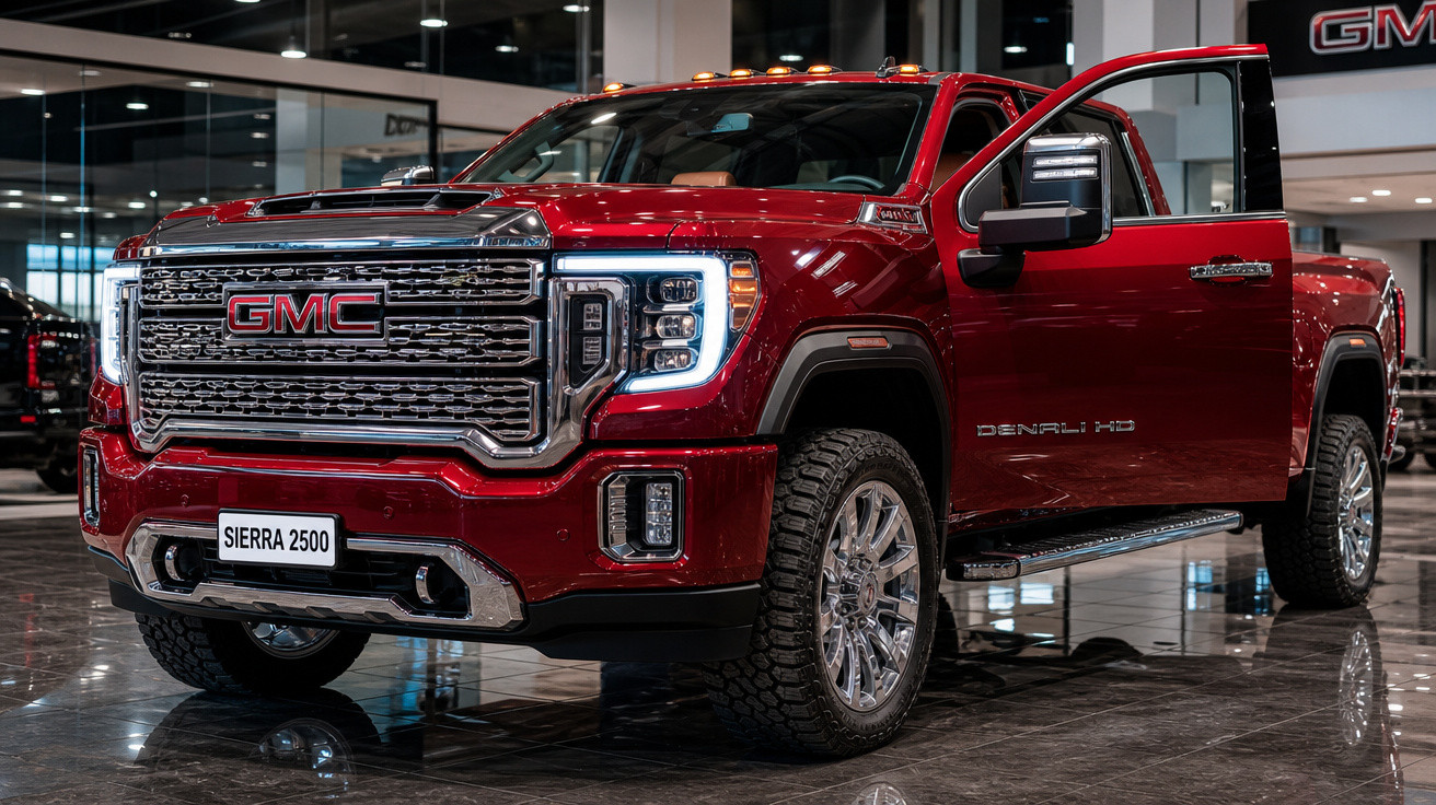 Caminhonete vermelha GMC Sierra 2500 Denali HD com porta aberta em showroom iluminado.