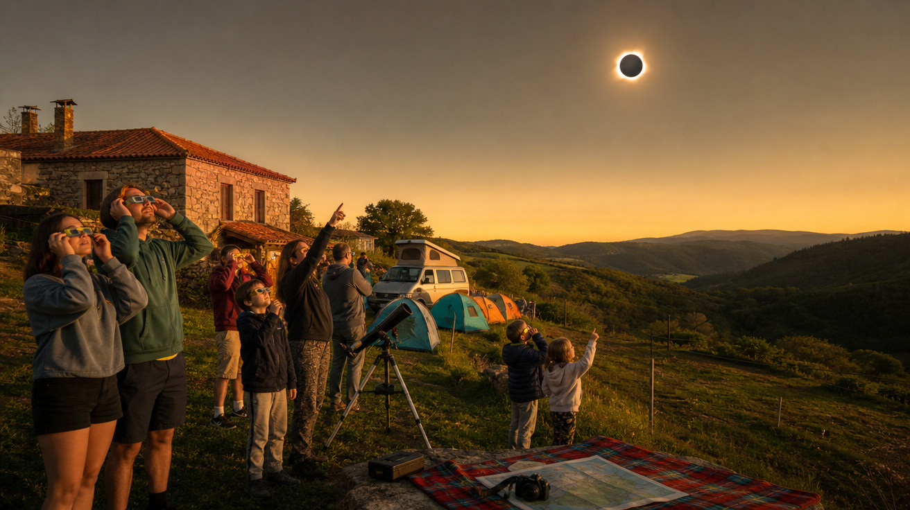 Grupo de pessoas em camping observando o eclipse solar total em área rural com colinas ao fundo.
