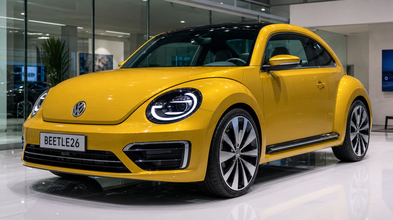 Carro Volkswagen Beetle amarelo com faróis modernos exibido em showroom brilhante.