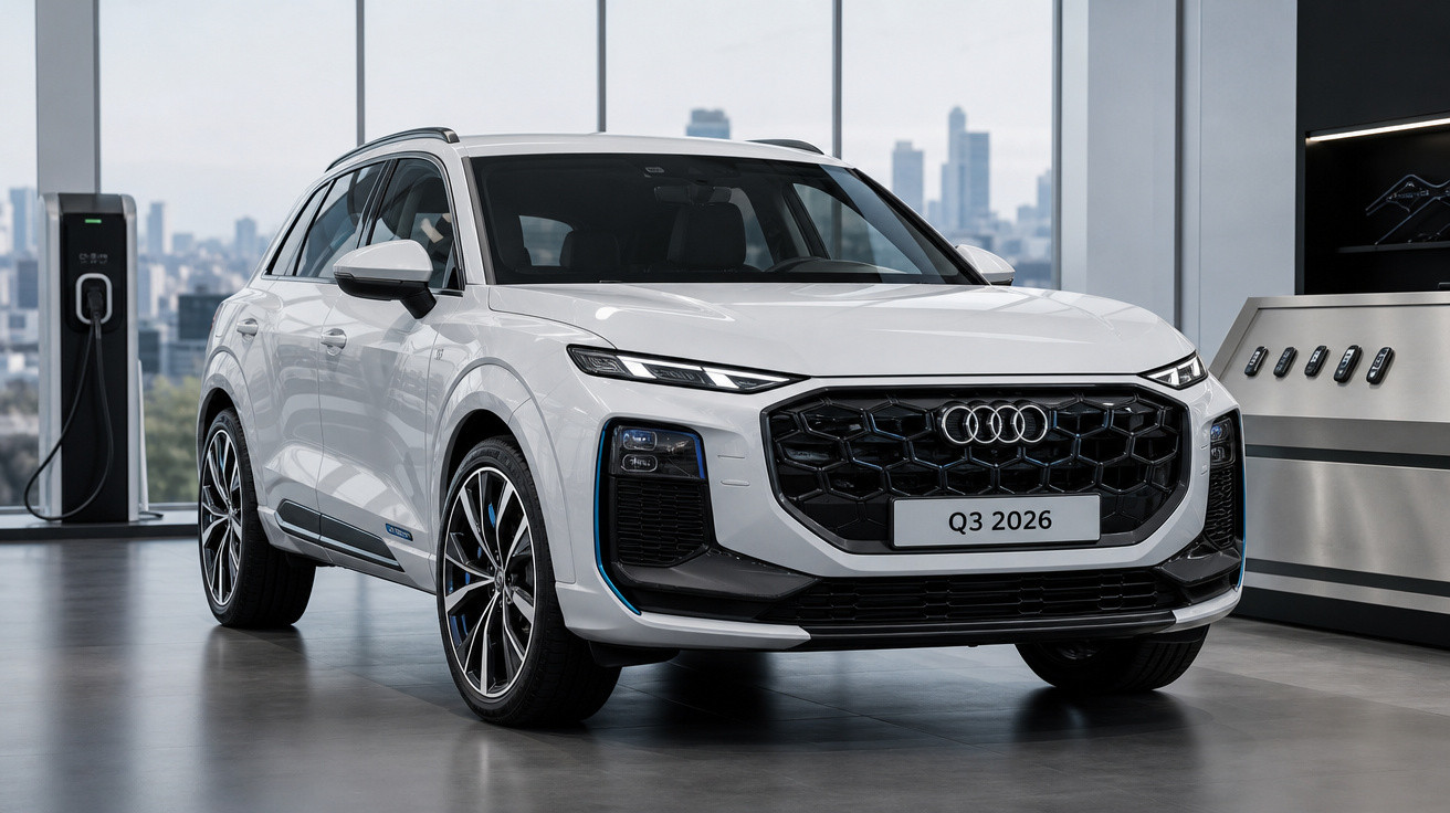 Audi Q3 2026 branco estacionado em ambiente interno moderno, com carregador elétrico ao fundo.