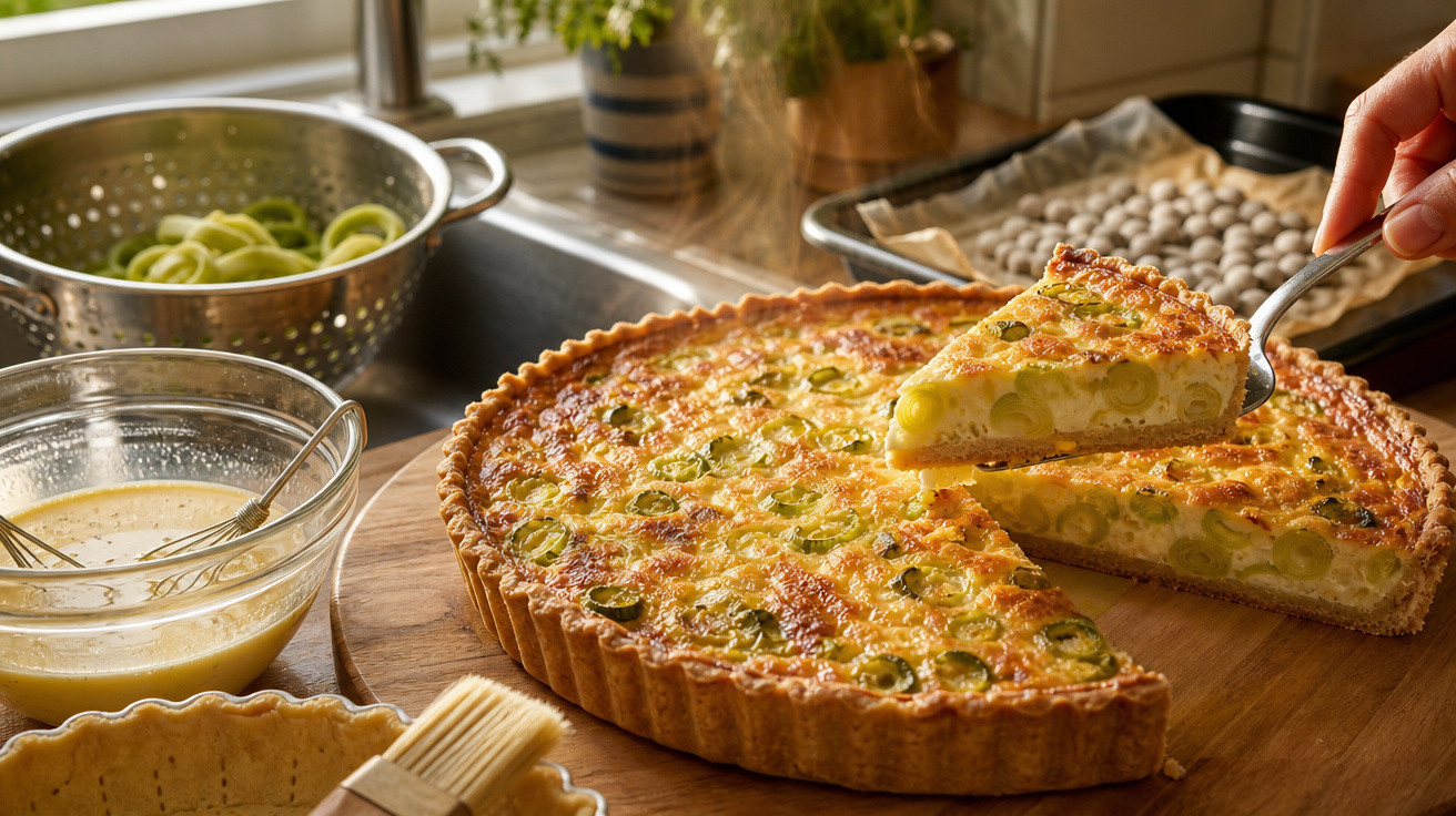 Torta salgada de alho-poró sendo servida, com ingredientes e utensílios ao fundo na cozinha.