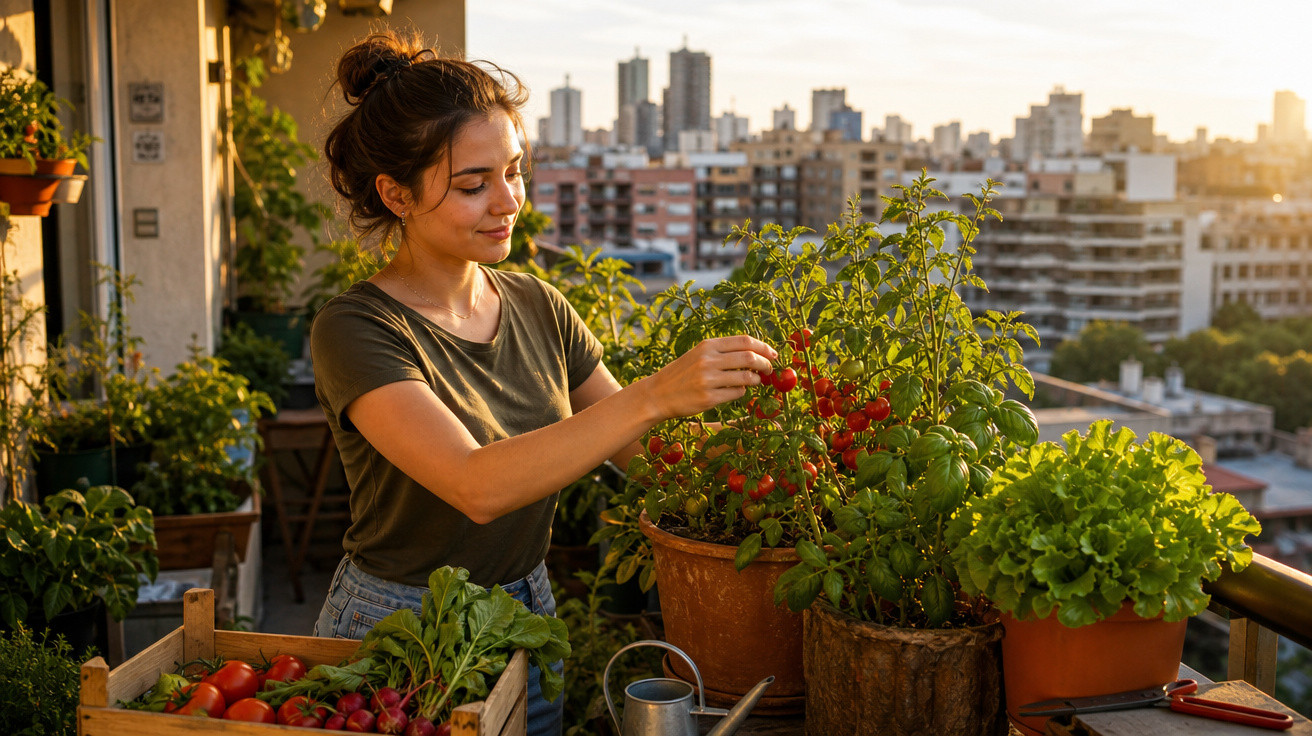 Mulher colhendo tomates cereja em varanda com hortaliças e cidade ao fundo no entardecer.