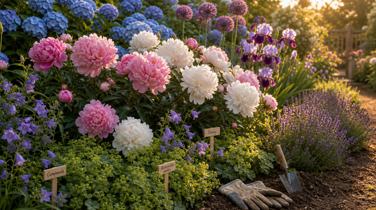 Jardim com flores coloridas, luvas de jardinagem e pá sobre terra ao entardecer.