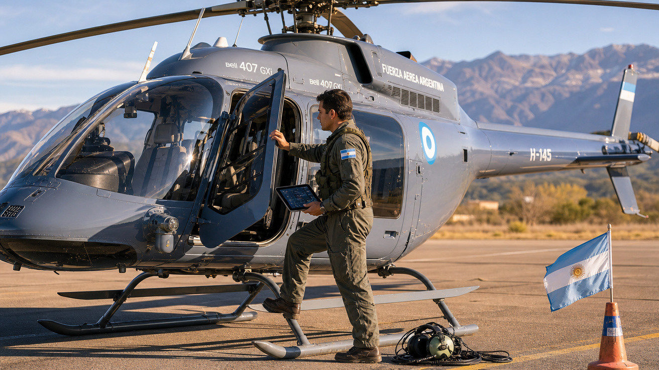Piloto ao lado de helicóptero cinza da Força Aérea Argentina em pista com montanhas ao fundo.