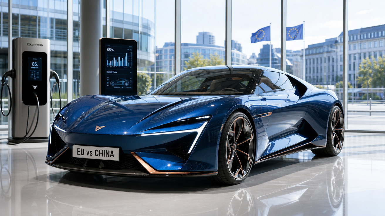 Carro esportivo elétrico azul em showroom com estação de carregamento e placas da União Europeia ao fundo.