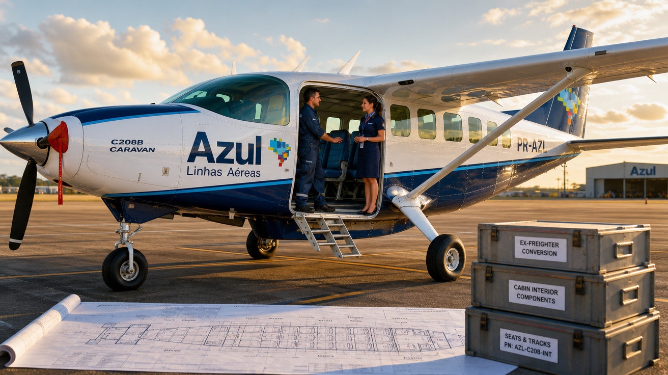 Avião pequeno da Azul Linhas Aéreas com piloto e comissária conversando na porta no aeroporto ao amanhecer.