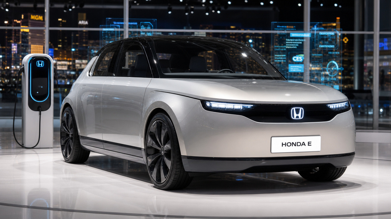 Carro elétrico Honda E branco estacionado em showroom com ponto de recarga ao lado, à noite.