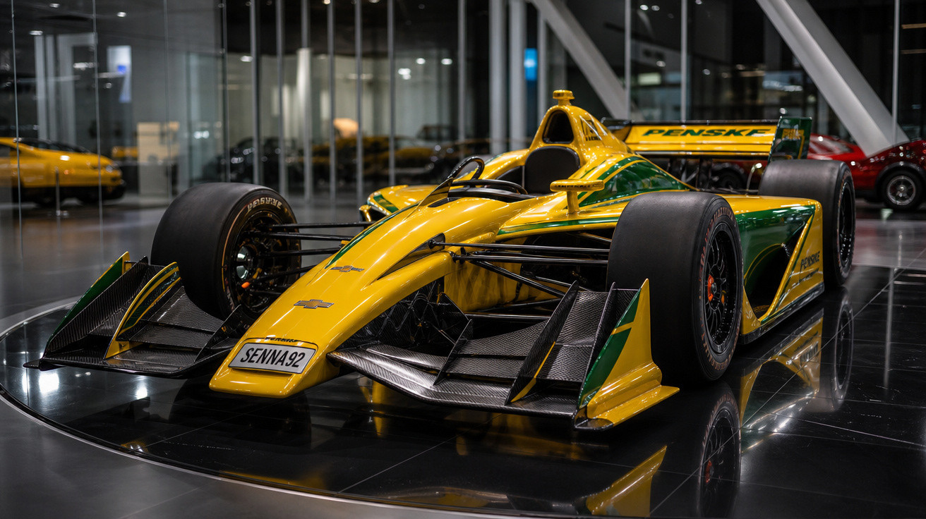Carro de corrida amarel-verde com placa SENNA92 exibido em museu com piso preto brilhante.