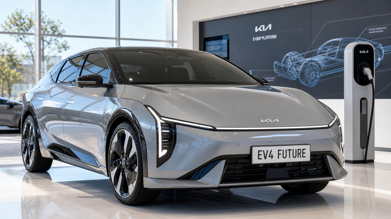 Carro elétrico Kia EV4 Future prata em exposição com torre de recarga em ambiente iluminado.
