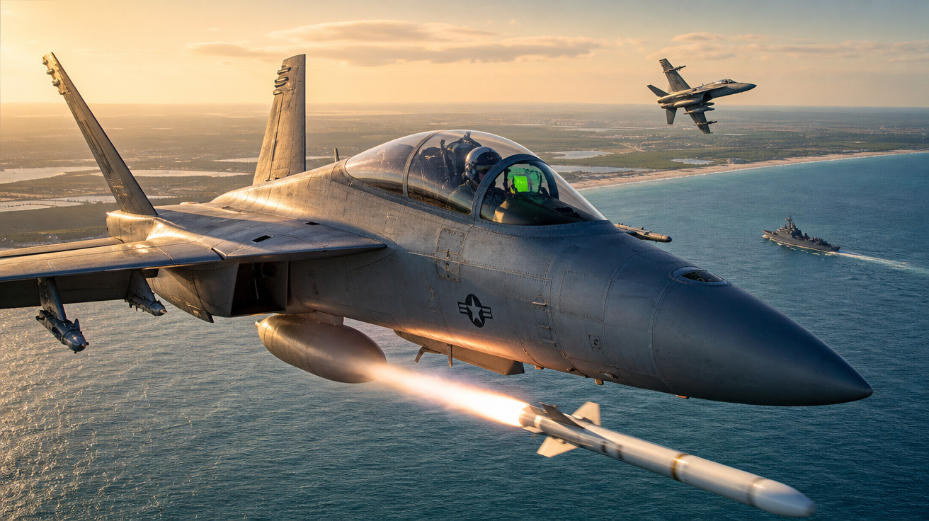 Caça militar disparando míssil sobre o mar, com outro caça e navio ao fundo em voo ao pôr do sol.