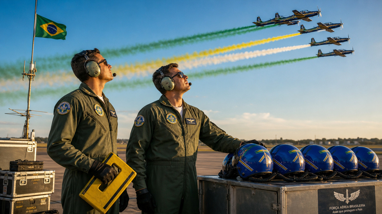 Dois pilotos da Força Aérea Brasileira observam seis aviões em formação que deixam rastros verde, amarelo e azul no céu.