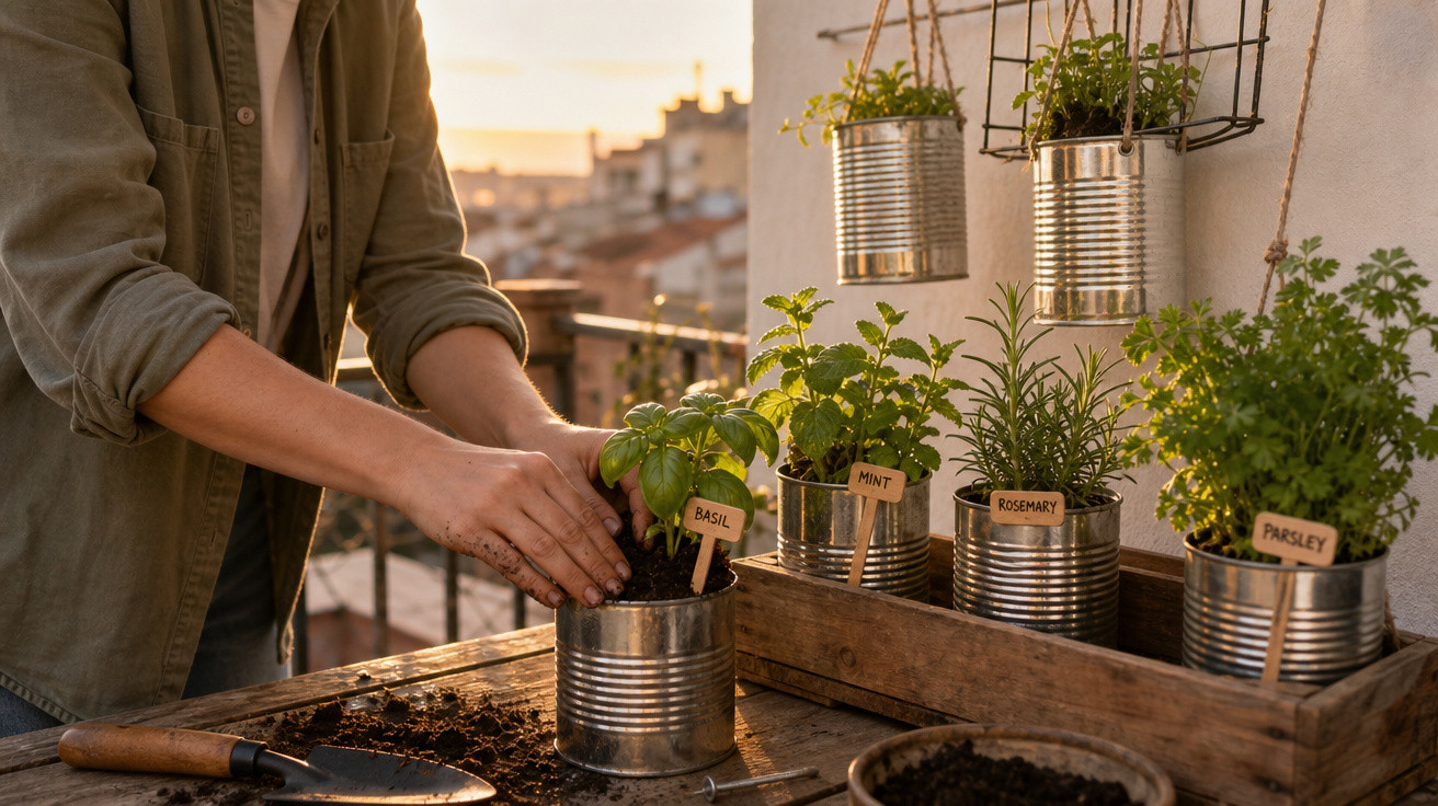 Pessoa transplantando manjericão em lata reciclada em horta urbana na sacada ao pôr do sol.