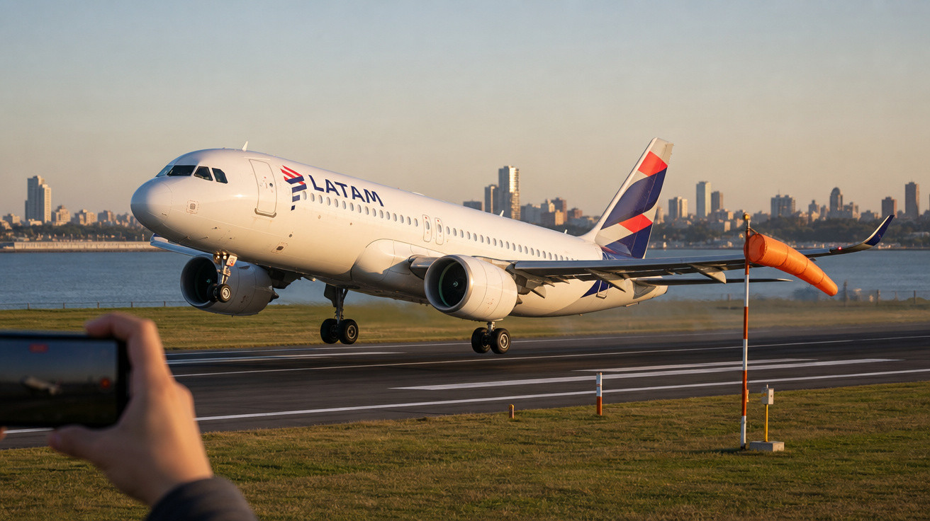 Avião da LATAM pousando em pista próxima a um rio, com prédio ao fundo e pessoa fotografando.