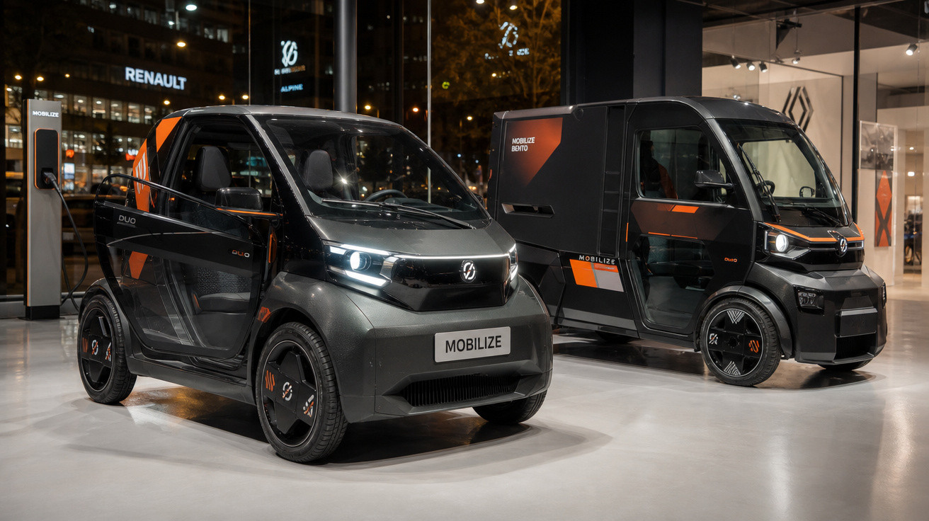 Dois carros elétricos compactos pretos da Renault modelo Mobilize em showroom à noite.