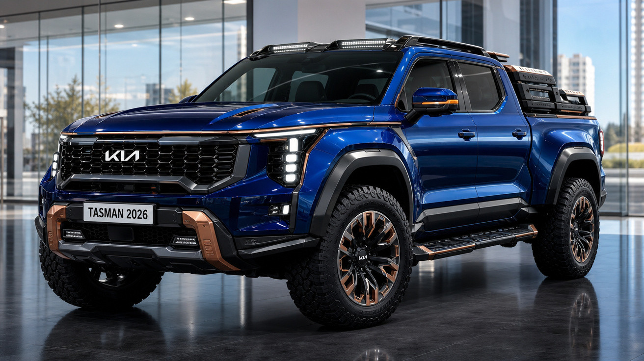 Picape azul Kia Tasman 2026 com detalhes em cobre, pneus robustos, em ambiente interno moderno.