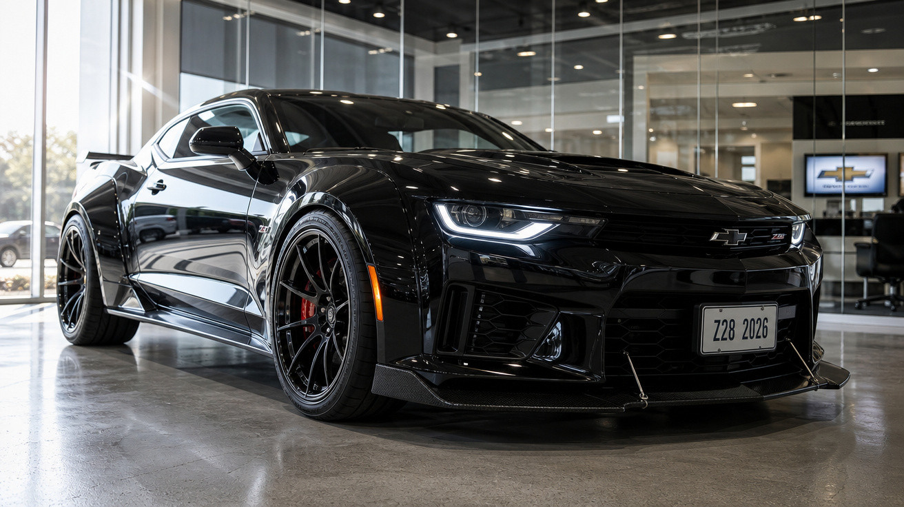 Carro esportivo preto Chevrolet Camaro Z28 2026 estacionado em showroom moderno com piso cinza refletivo.
