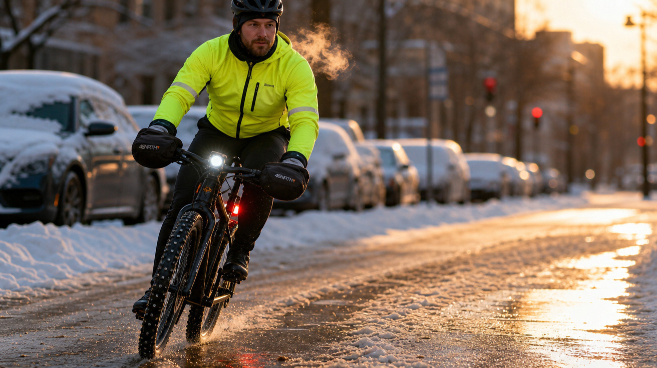 Homem de jaqueta amarela anda de bicicleta em rua coberta de neve ao entardecer.