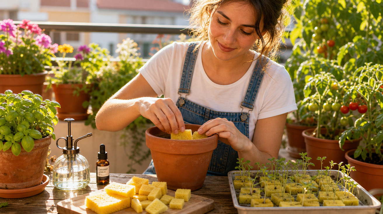 Mulher colocando esponjas em vaso de cerâmica para plantar mudas em varanda ensolarada com várias plantas.