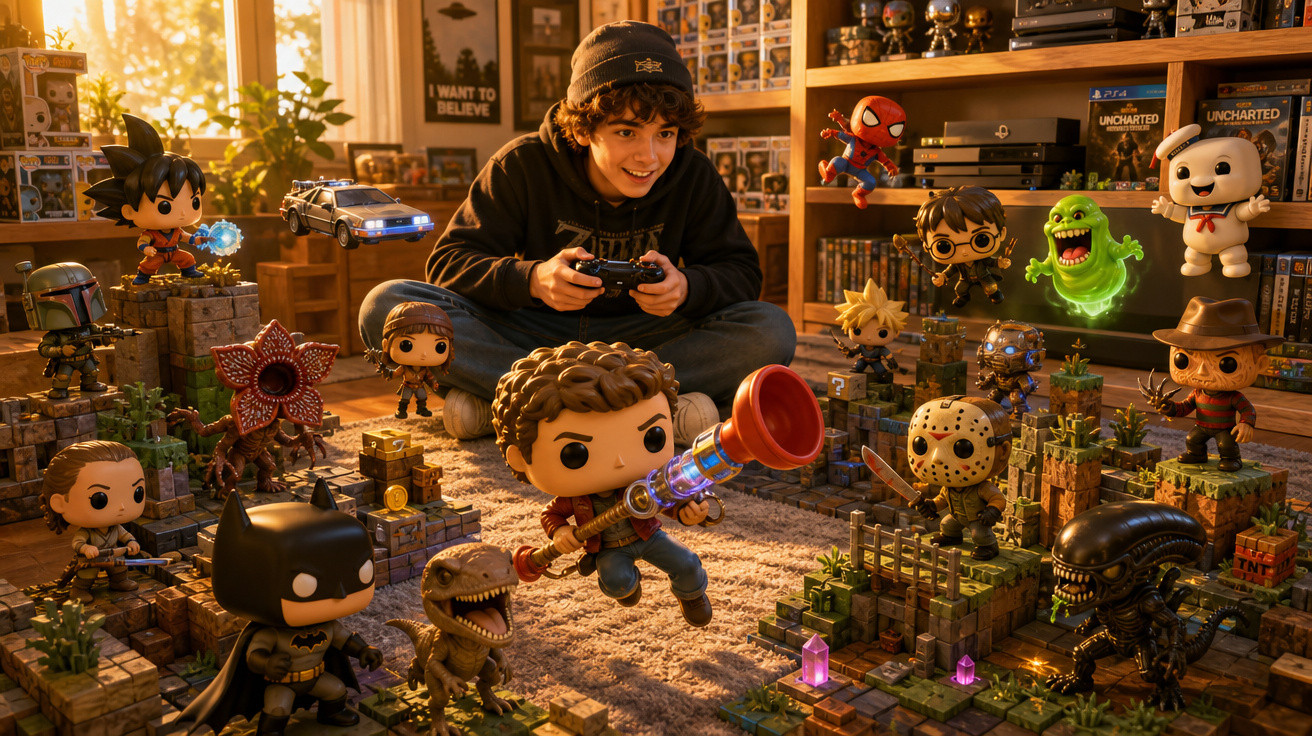 Jovem jogando videogame cercado por figuras colecionáveis de personagens famosos em sala iluminada.