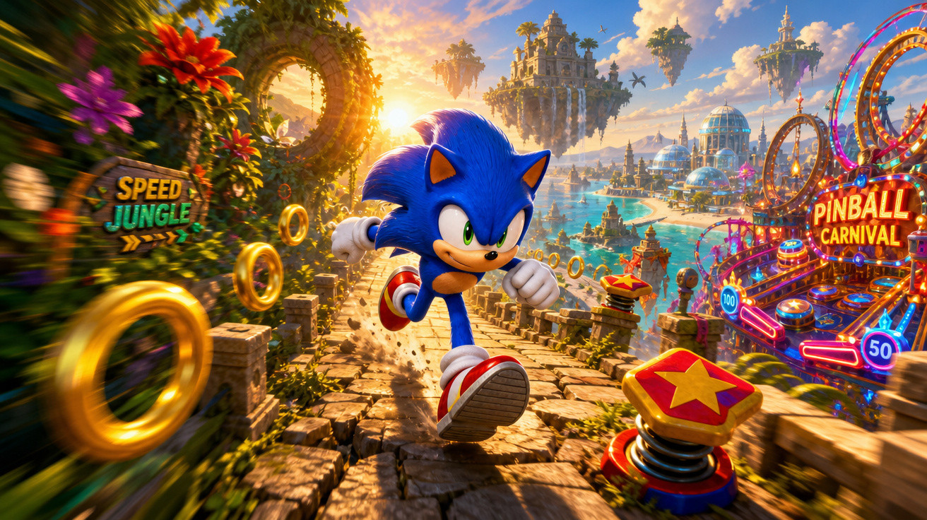 Sonic correndo em caminho de pedra com anéis dourados, florestas, construções flutuantes e parque de diversões ao fundo.