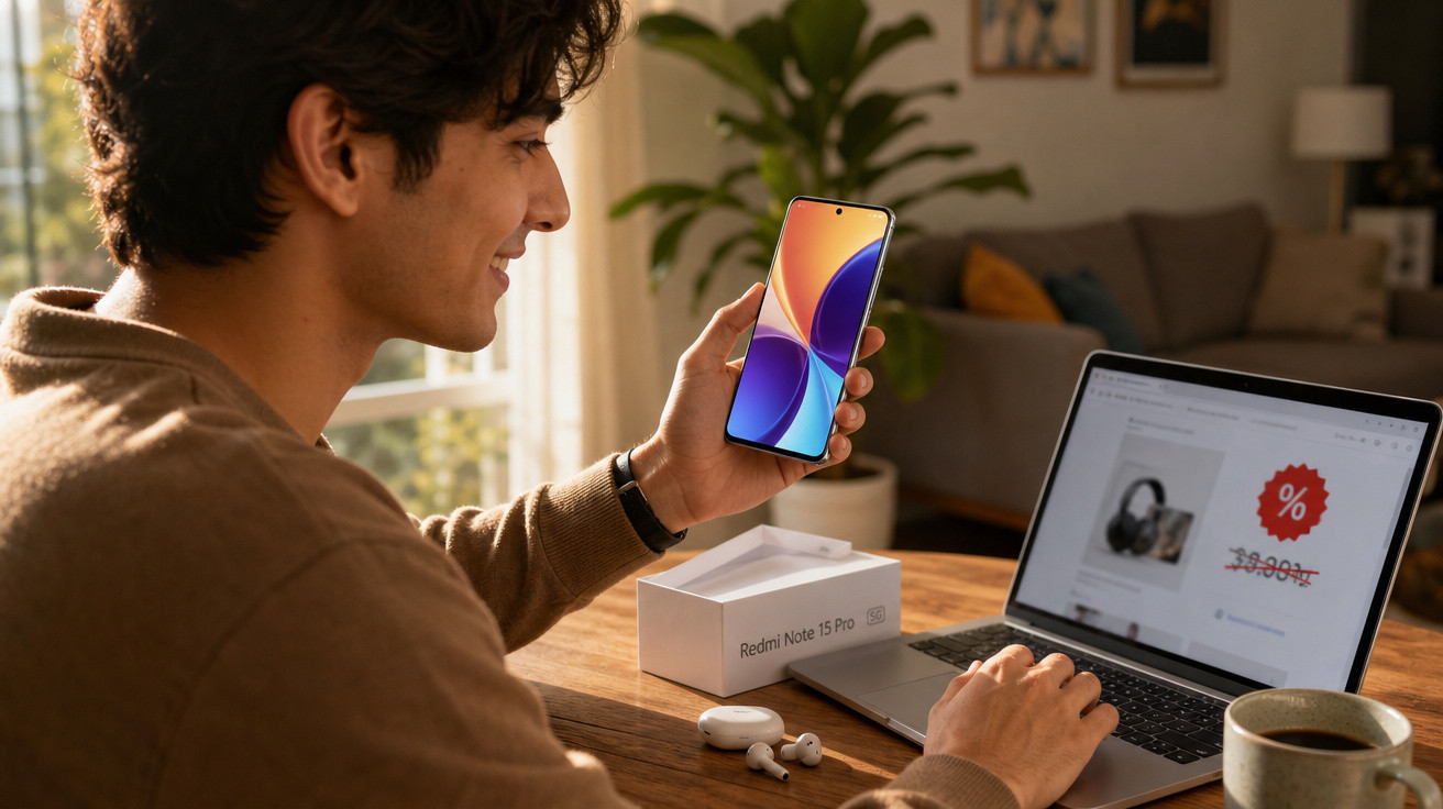 Jovem segurando smartphone Redmi Note 15 Pro enquanto faz compras online em laptop na sala.