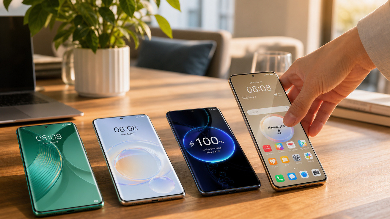 Quatro smartphones modernos em uma mesa de madeira, com uma mão interagindo com o último aparelho à direita.