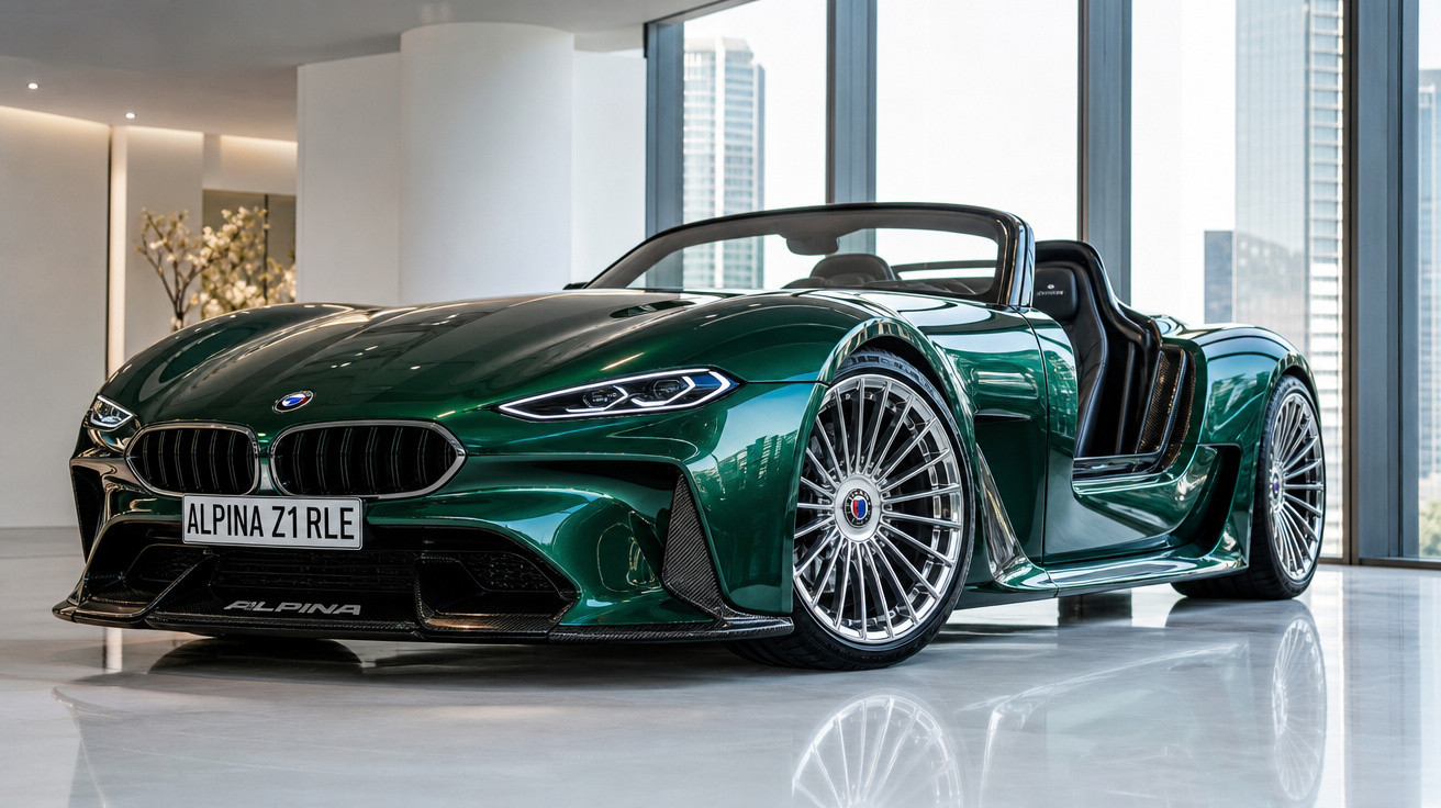 Carro esportivo conversível Alpina Z1 RLE verde metálico exibido em showroom moderno com grandes janelas.